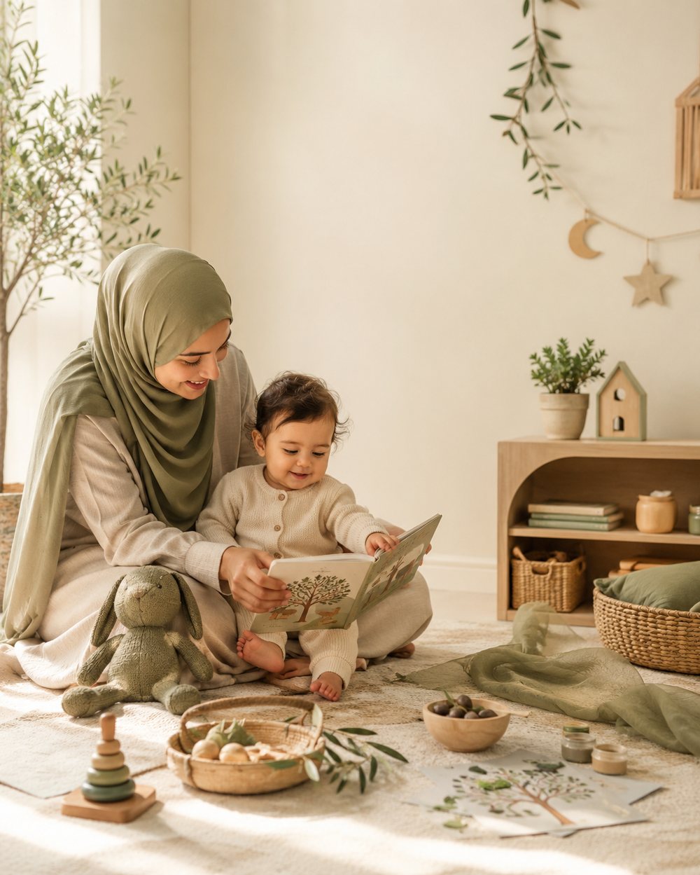 A mother reading a picture book with her young child at The Olive Tree preschool circle