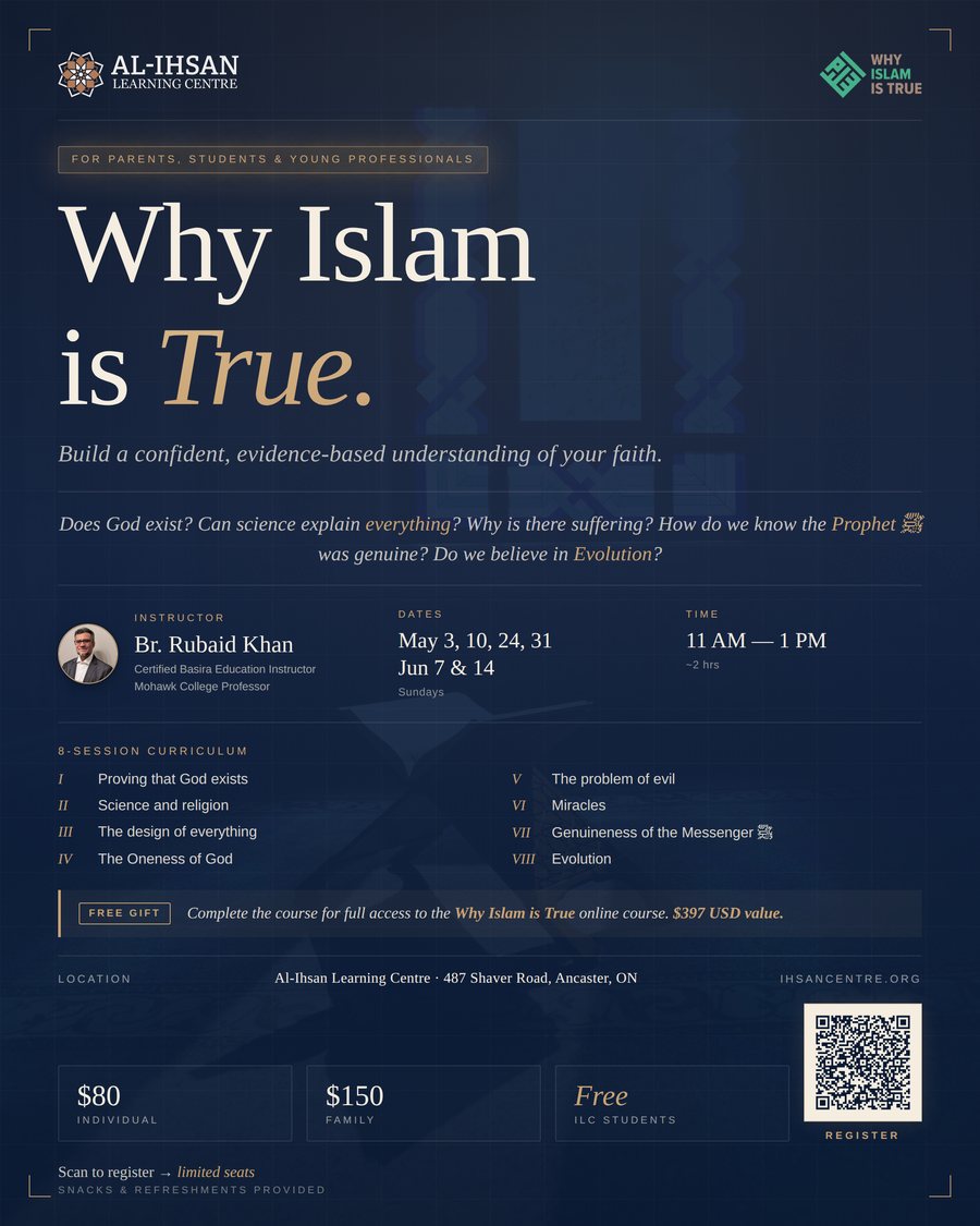 Poster for Why Islam is True, an eight session course for parents, students, and young professionals